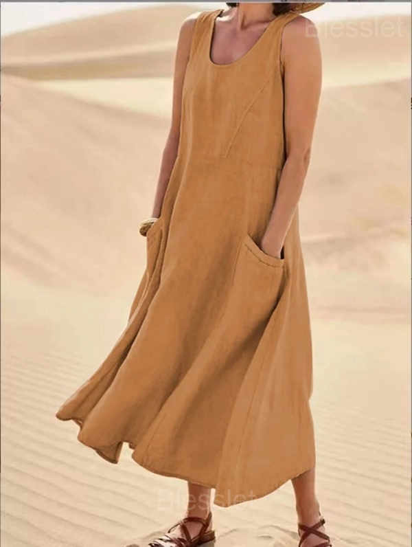 Women’s Sleeveless Cotton-Polyester Summer Dress with Pockets - Chocolate, XL
