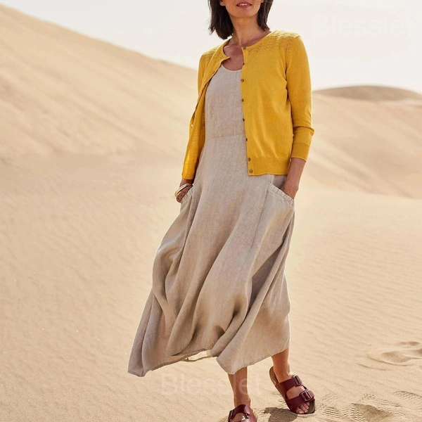 Women’s Sleeveless Cotton-Polyester Summer Dress with Pockets