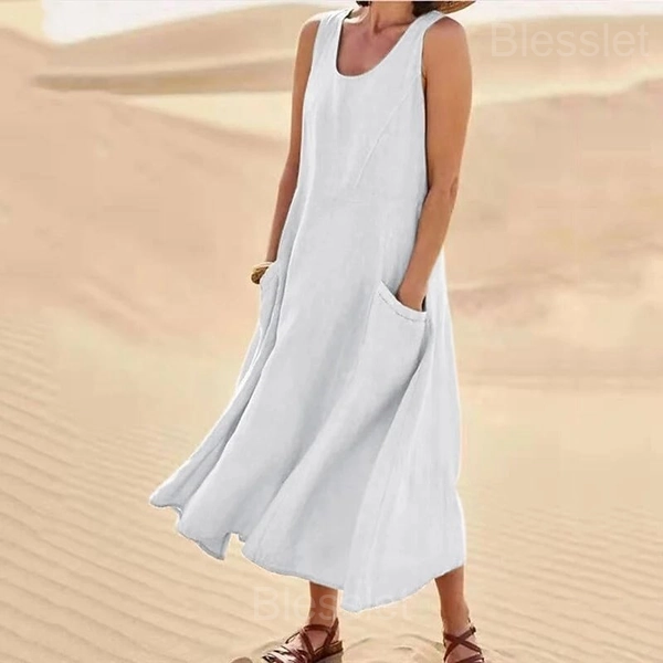 Women’s Sleeveless Cotton-Polyester Summer Dress with Pockets - Beige, 3XL