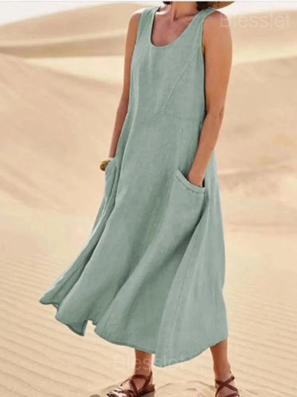 Women’s Sleeveless Cotton-Polyester Summer Dress with Pockets - Pine Green, M