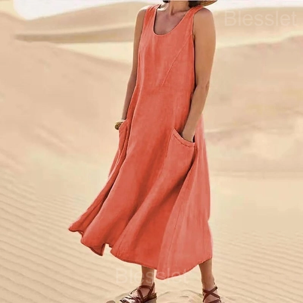 Women’s Sleeveless Cotton-Polyester Summer Dress with Pockets - Orange, 4XL
