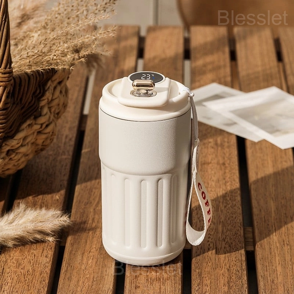 Portable Coffee Thermos Mug with Real-Time Temperature Display - White