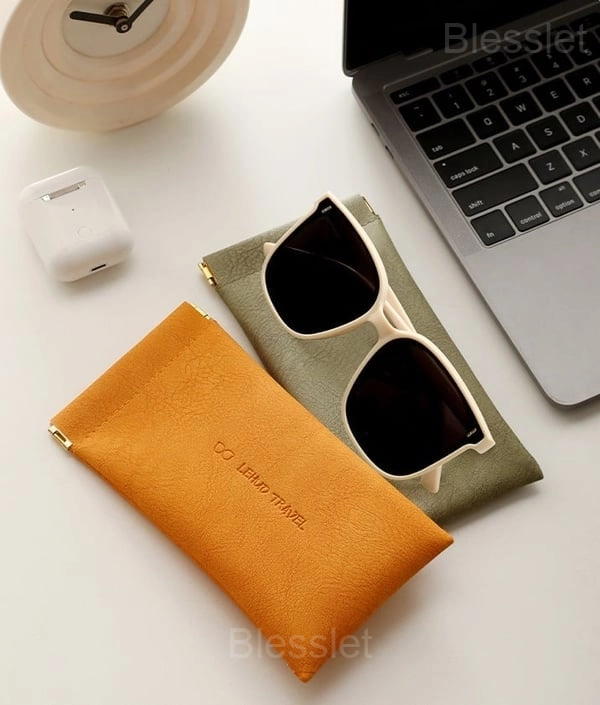 Leather Snap Closure Glasses Case & Multi-Use Organizer Pouch - 2PCS（Green + Orange）
