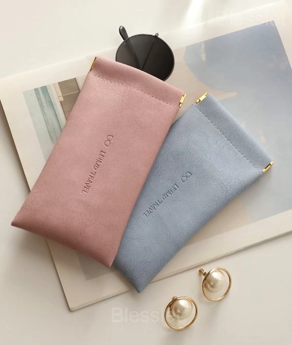 Leather Snap Closure Glasses Case & Multi-Use Organizer Pouch - 2PCS（Pink + Blue）