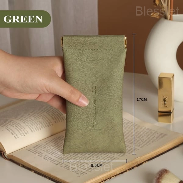 Leather Snap Closure Glasses Case & Multi-Use Organizer Pouch - GREEN