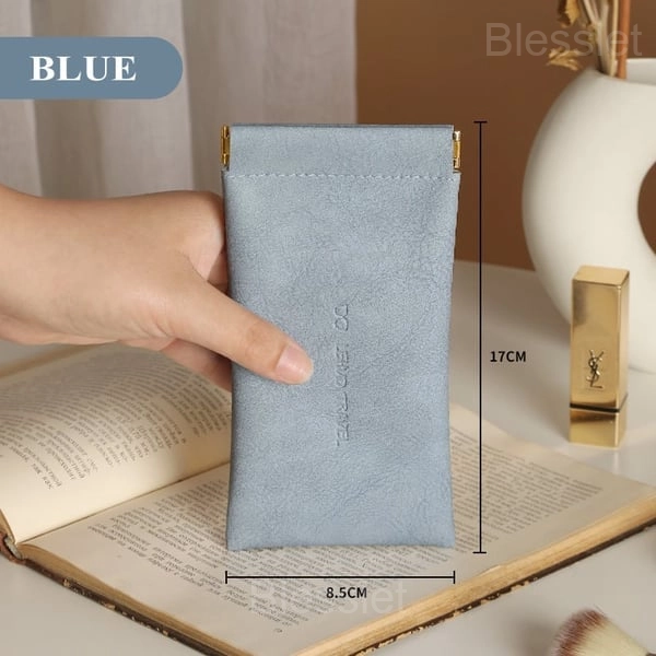 Leather Snap Closure Glasses Case & Multi-Use Organizer Pouch - BLUE