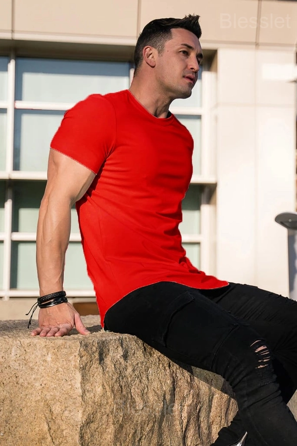 Essential Drop-Cut Athletic T-Shirt – Soft Cotton Stretch Fit - RED, 3XL
