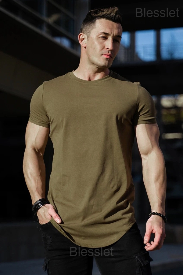 Essential Drop-Cut Athletic T-Shirt – Soft Cotton Stretch Fit - ARMY GREEN, 3XL