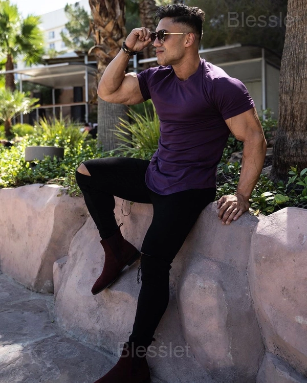Essential Drop-Cut Athletic T-Shirt – Soft Cotton Stretch Fit - PURPLE, L