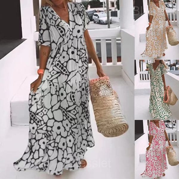 Summer V-Neck Short-Sleeved Printed Casual Dress for Women