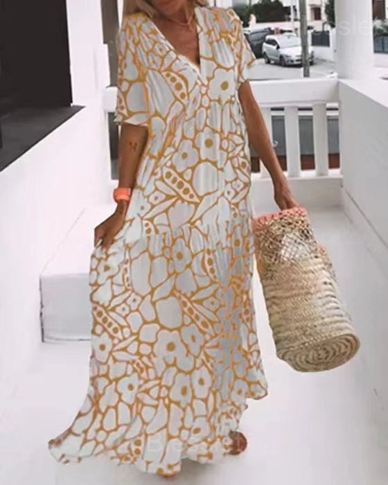 Summer V-Neck Short-Sleeved Printed Casual Dress for Women - Orange, 2XL (UK20-22)