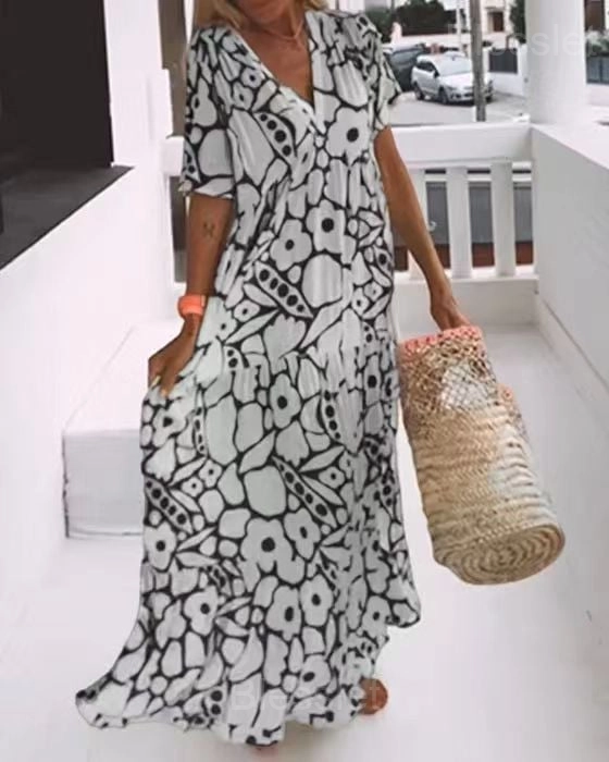 Summer V-Neck Short-Sleeved Printed Casual Dress for Women - Black, L (UK14-16)