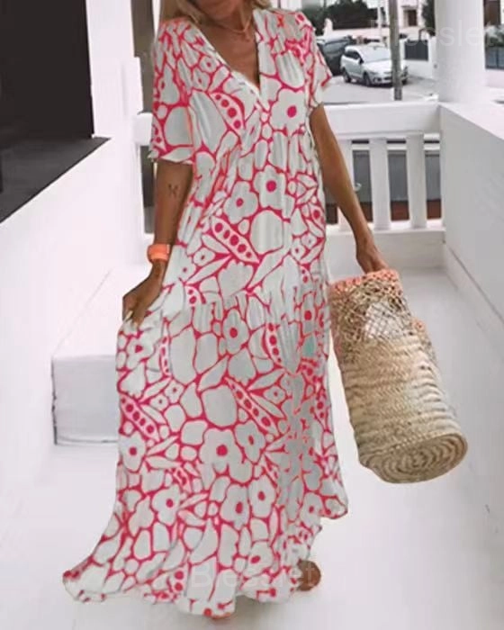 Summer V-Neck Short-Sleeved Printed Casual Dress for Women - Pink, 3XL (UK22-24)