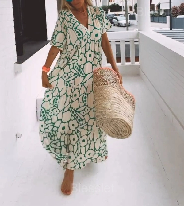 Summer V-Neck Short-Sleeved Printed Casual Dress for Women - Green, M (UK12-14)
