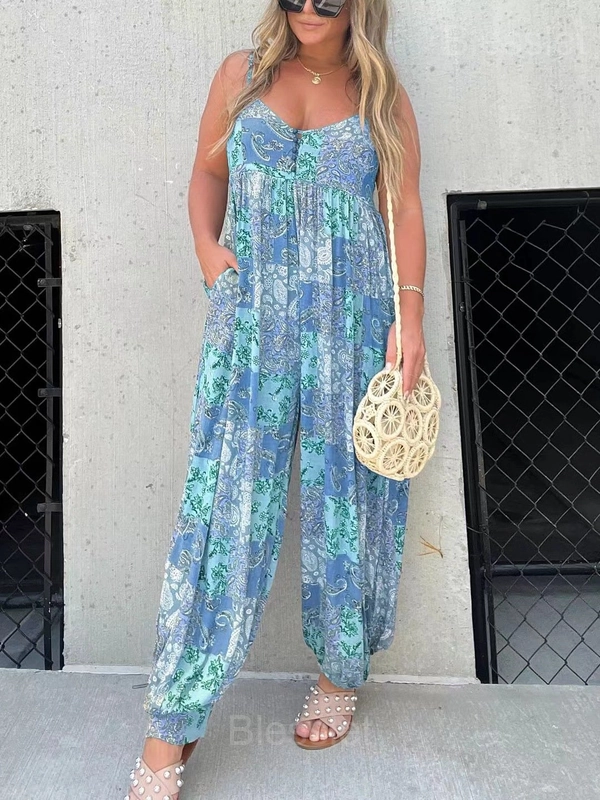 2023 Boho Balloon Pant Jumpsuit - Stylish & Comfortable Fit - Blue, S