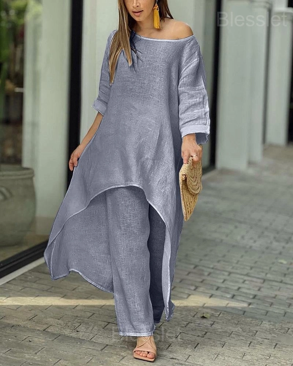 Casual Women’s Irregular Long Sleeve Two-Piece Set - Summer Sale - Dark gray, XXL