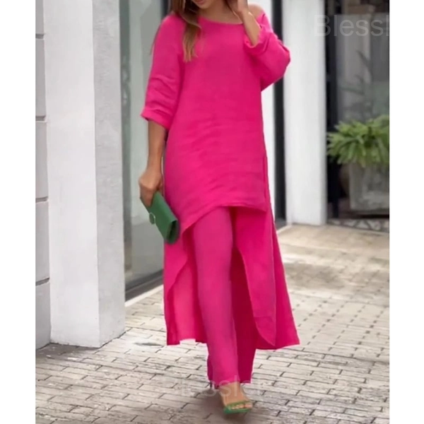 Casual Women’s Irregular Long Sleeve Two-Piece Set - Summer Sale - Rose, XXL
