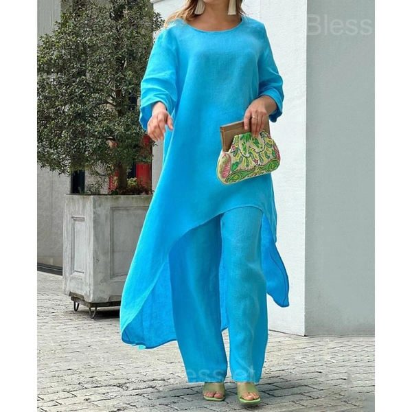 Casual Women’s Irregular Long Sleeve Two-Piece Set - Summer Sale - Blue, M