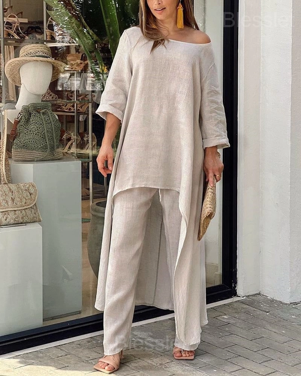 Casual Women’s Irregular Long Sleeve Two-Piece Set - Summer Sale - Khaki, XXL