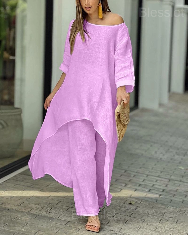Casual Women’s Irregular Long Sleeve Two-Piece Set - Summer Sale - Purple, S