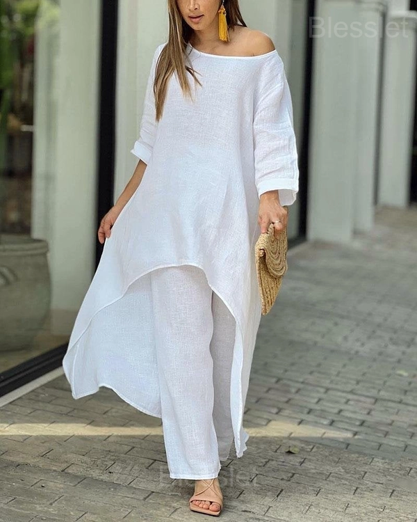 Casual Women’s Irregular Long Sleeve Two-Piece Set - Summer Sale - White, XXL