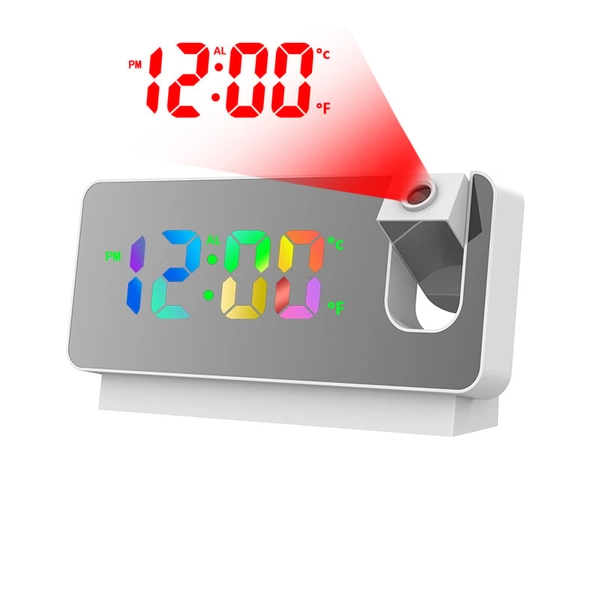 Mirror Projection Alarm Clock with Dual Alarms & USB Charging - Colorful White alarm clock