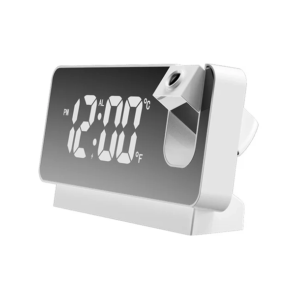 Mirror Projection Alarm Clock with Dual Alarms & USB Charging - White alarm clock