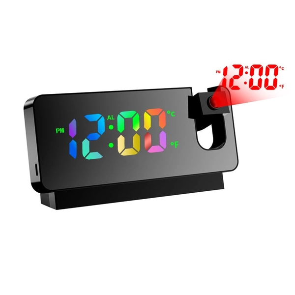 Mirror Projection Alarm Clock with Dual Alarms & USB Charging - Colorful Black alarm clock