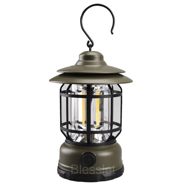 Portable Retro LED Camping Lamp with Magnetic Hook & Dimming - Green, Battery