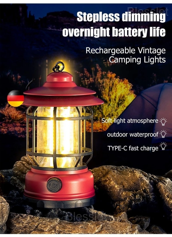 Portable Retro LED Camping Lamp with Magnetic Hook & Dimming - Red, Rechargeable