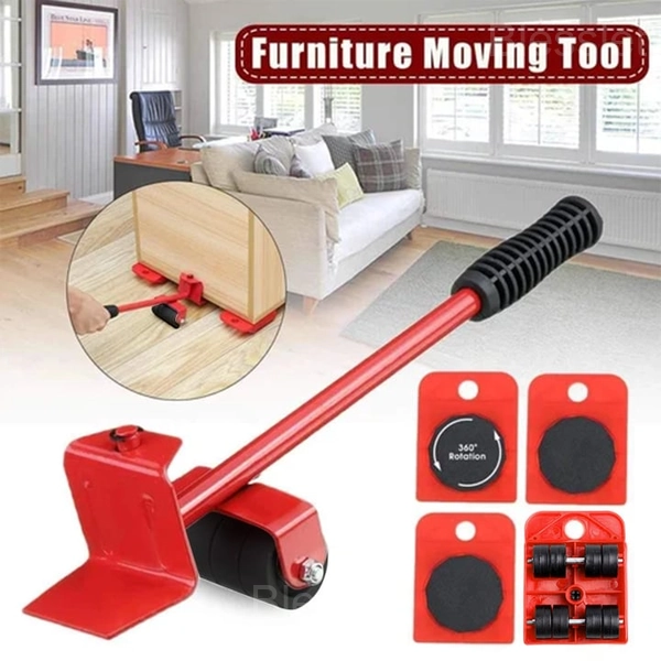 Ergonomic Furniture Lift Mover Tool Set with Wheeled Rollers - red, Red (1 x Wheel Bar & 4 x Wheeled Mover Rollers)