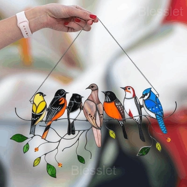 Vibrant Birds Stained Glass Window Panel Hanging Decor