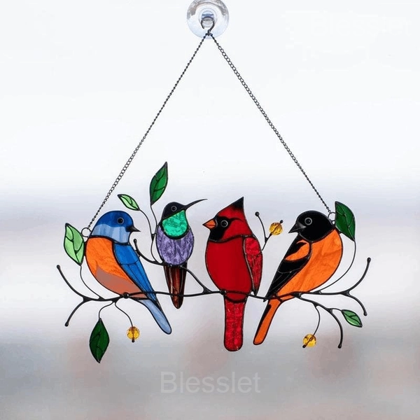 Vibrant Birds Stained Glass Window Panel Hanging Decor - 4 BIRDS