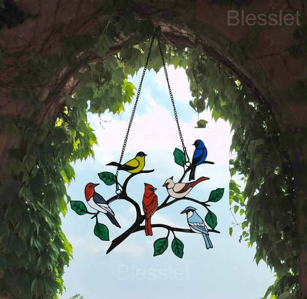 Vibrant Birds Stained Glass Window Panel Hanging Decor - 6 BIRDS