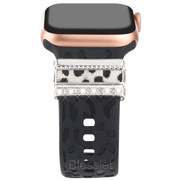 Luxury Decorative Rings for Apple & Samsung Silicone Watch Bands - Leopard Print Silver