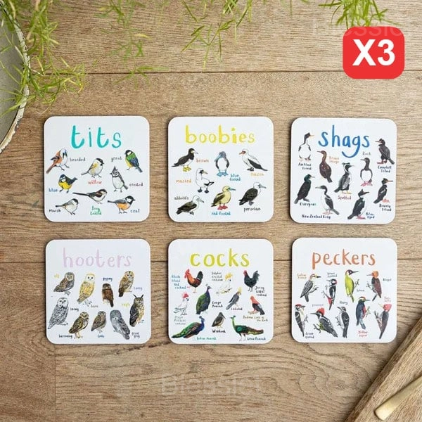 Set of 6 Bird Pun Coasters – Fun & Educational Drink Coasters - BUY 3( Save 15% ）