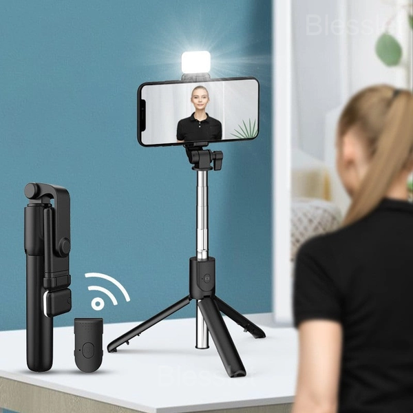 6-in-1 Wireless Bluetooth Selfie Stick Tripod with Remote & Light - BLACK, With fill light
