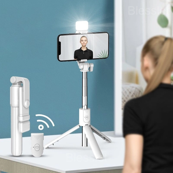 6-in-1 Wireless Bluetooth Selfie Stick Tripod with Remote & Light - WHITE, With fill light