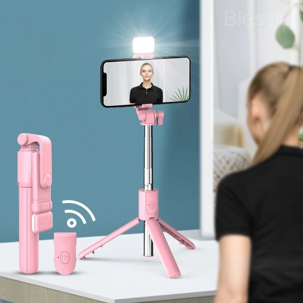 6-in-1 Wireless Bluetooth Selfie Stick Tripod with Remote & Light - PINK, With fill light