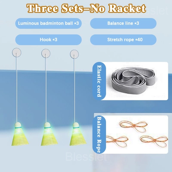 Indoor Glowing Badminton Trainer with Realistic Flight Simulation - 1 KIT (Badminton *3 + Balance Line *3 + Stretch Rope *40 + Hook *3)