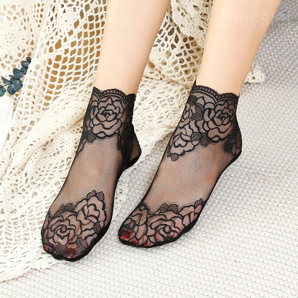 Women’s Lace Mesh Socks – Breathable, Invisible & Elegant Design - Black (5 pairs)