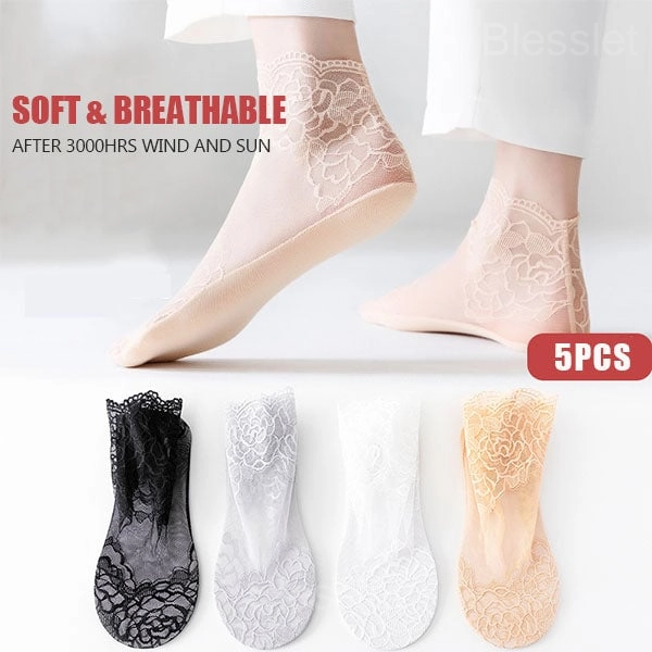 Women’s Lace Mesh Socks – Breathable, Invisible & Elegant Design - White (5 pairs)