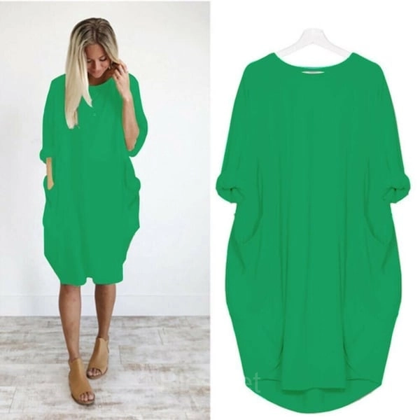 Women’s Casual Long Sleeve Pocket Dress – 17 Colors Cotton Knit - Green, 4XL-UK20