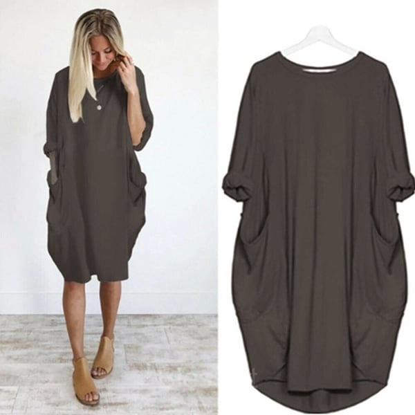 Women’s Casual Long Sleeve Pocket Dress – 17 Colors Cotton Knit - Brown, S-UK8