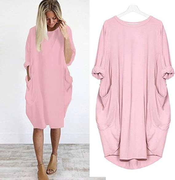 Women’s Casual Long Sleeve Pocket Dress – 17 Colors Cotton Knit - Pink, 3XL-UK18