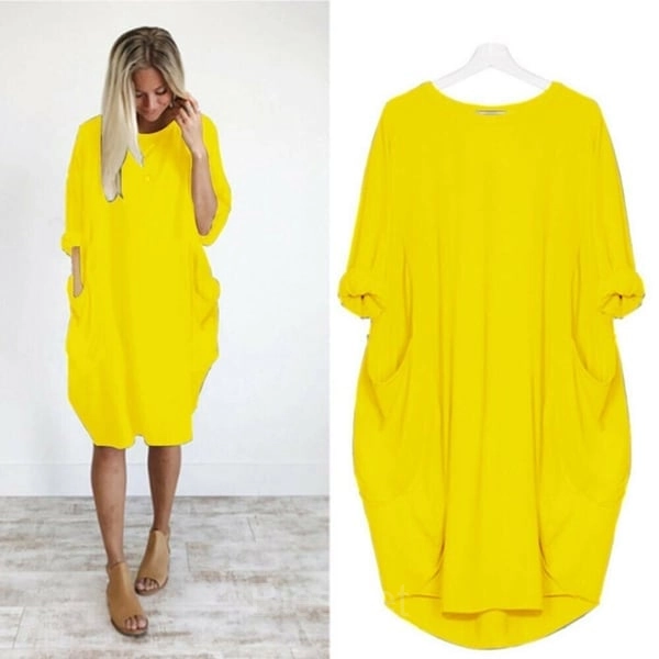 Women’s Casual Long Sleeve Pocket Dress – 17 Colors Cotton Knit - Yellow, 4XL-UK20
