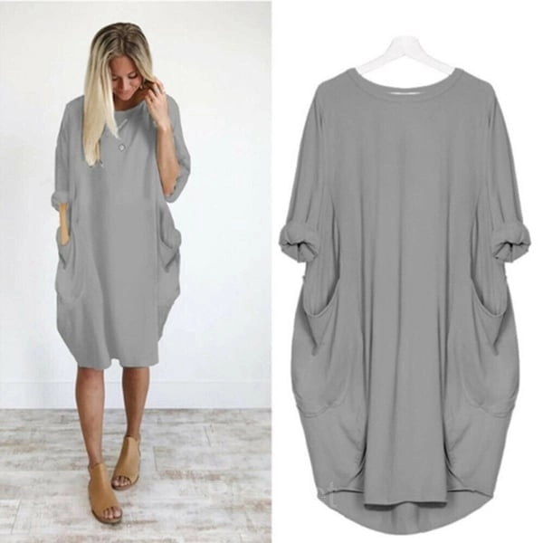 Women’s Casual Long Sleeve Pocket Dress – 17 Colors Cotton Knit - Gray, 6XL-UK24
