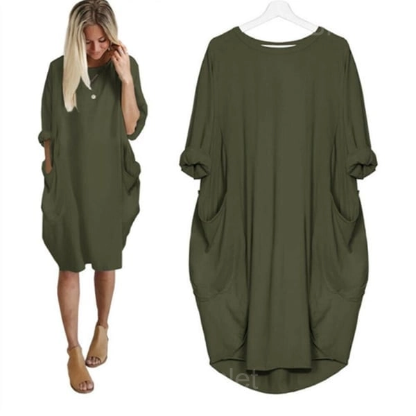Women’s Casual Long Sleeve Pocket Dress – 17 Colors Cotton Knit - Amy Green, L-UK12