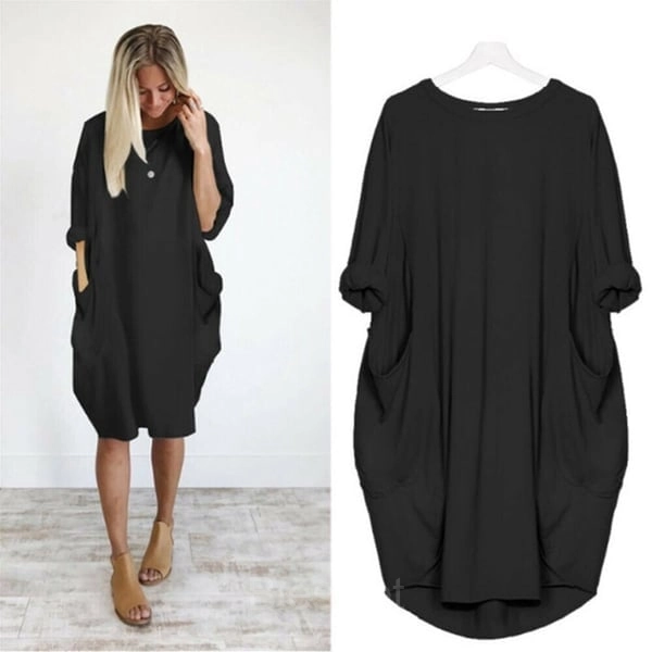 Women’s Casual Long Sleeve Pocket Dress – 17 Colors Cotton Knit - Black, XL-UK14