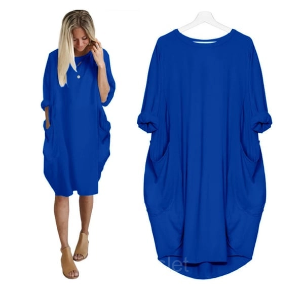Women’s Casual Long Sleeve Pocket Dress – 17 Colors Cotton Knit - Royal Blue, 2XL-UK16